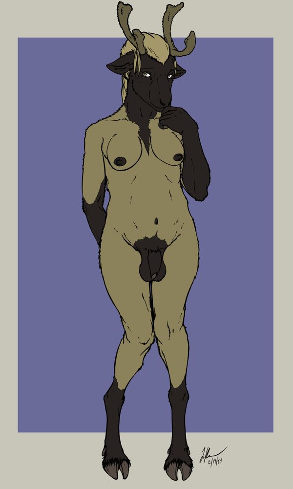 A shy looking reindeer variation of Joan, my significant other's fursona, with the same coloration as their Suffolk Sheep 'sona.