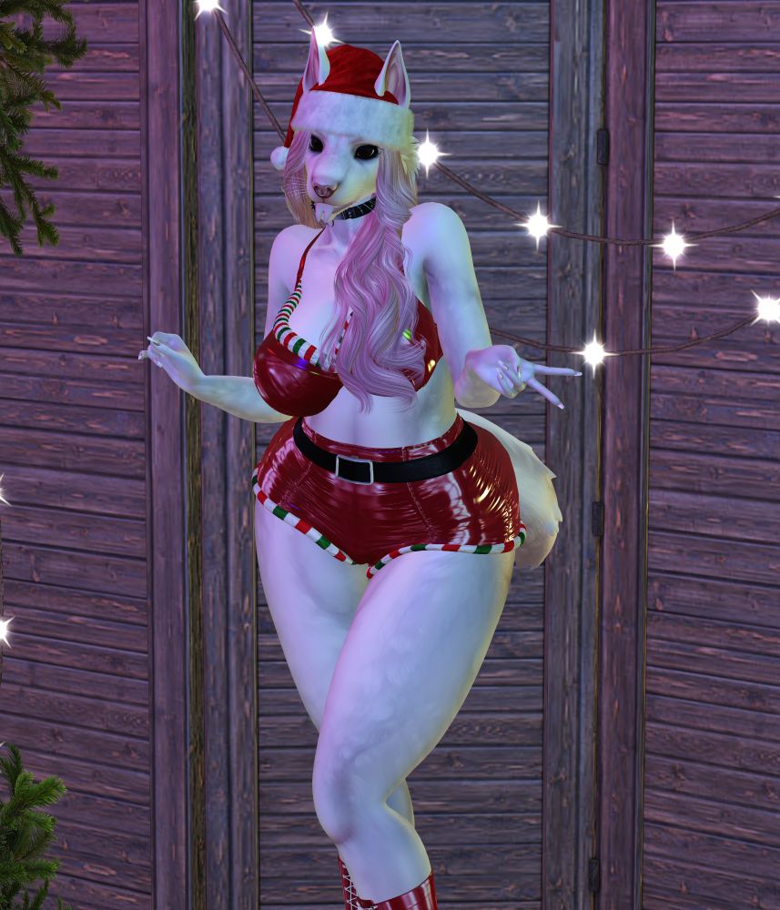 This image features a humanoid character with anthropomorphic traits, such as animal ears, a snout, and fur, dressed in a festive Christmas outfit. The character has white fur and long, wavy, pink hair, accessorized with a Santa hat and a red latex holiday ensemble with candy cane accents. They are posing playfully in front of a wooden backdrop adorned with holiday lights, conveying a festive and cheerful atmosphere.