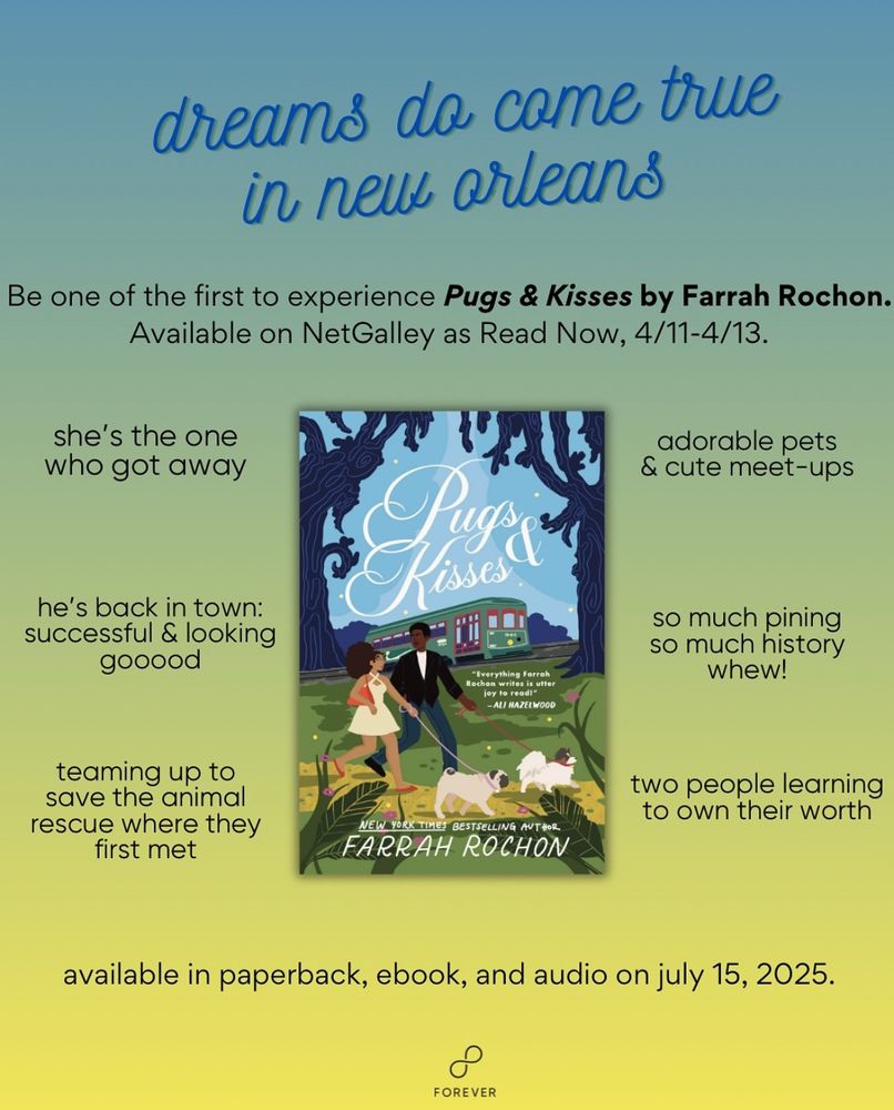 Graphic with the cover of Pugs & Kisses by Farrah Rochon, informing readers of the tropes and that it is available through Netgalley as a Read Now April 11-13th. 