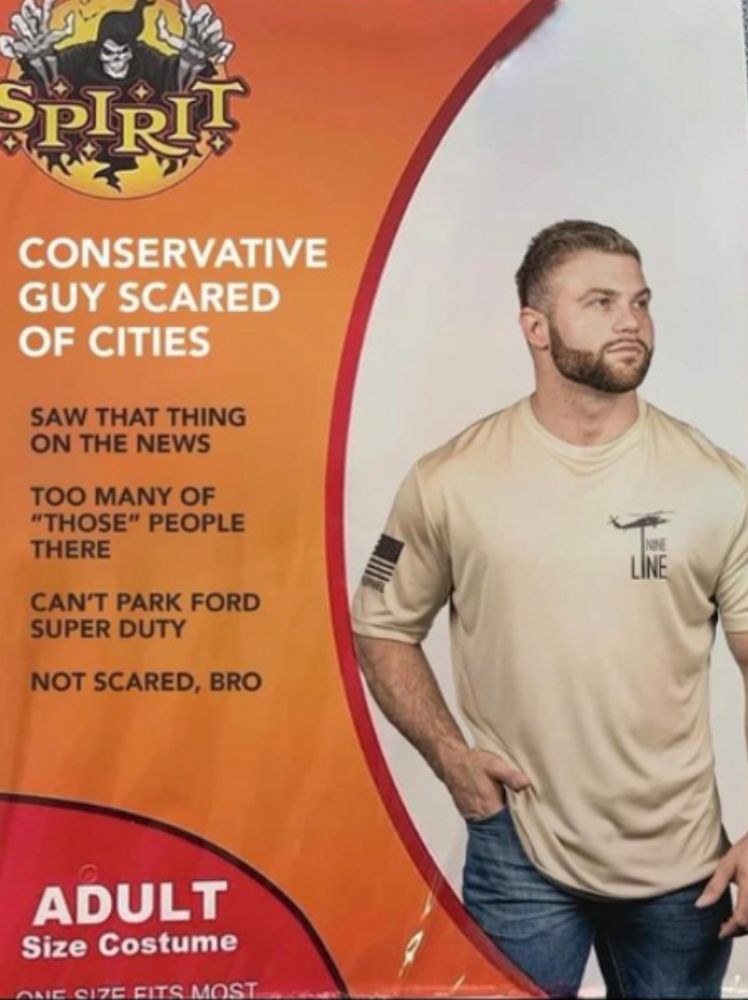 Spoof Halloween costume package Spirit CONSERVATIVE GUY SCARED OF CITIES SAW THAT THING ON THE NEWS TOO MANY OF 