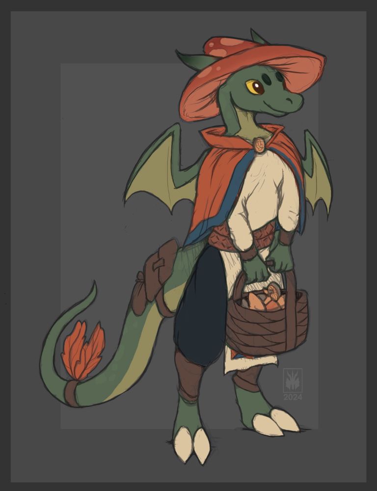 A small green kobold holds a basket full of mushrooms. 
