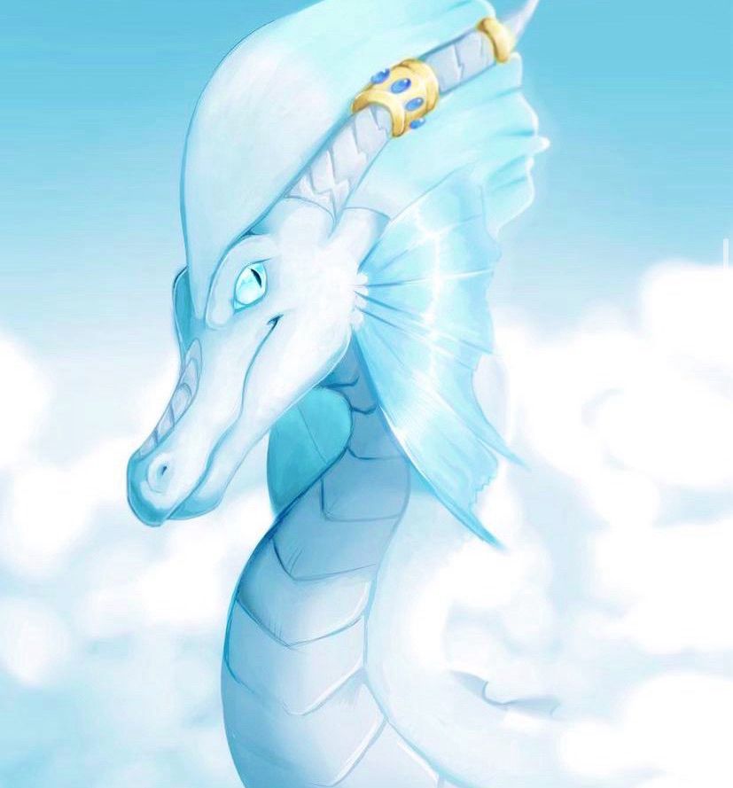 A blue and white serpentine dragon poses in the clouds. 