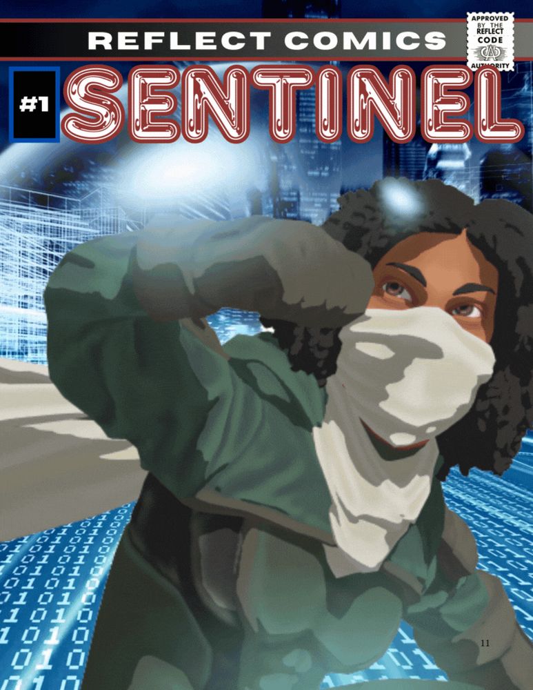 gif of Jade, aka Sentinel: a heroforge mini of a woman with brown skin and brown eyes, and black hair that falls to her shoulders in coils. She's wearing a green armored supersuit and a white scarf that covers the bottom half of her face, as well as a green cropped hoodie and black gloves. She has one arm out and up, poised to protect her face, where a glowing shield is forming just beyond her forearm. The background is animated with lines of binary code floating by, along with her name "SENTINEL" in big block letters and the company name Reflect Comics at the top