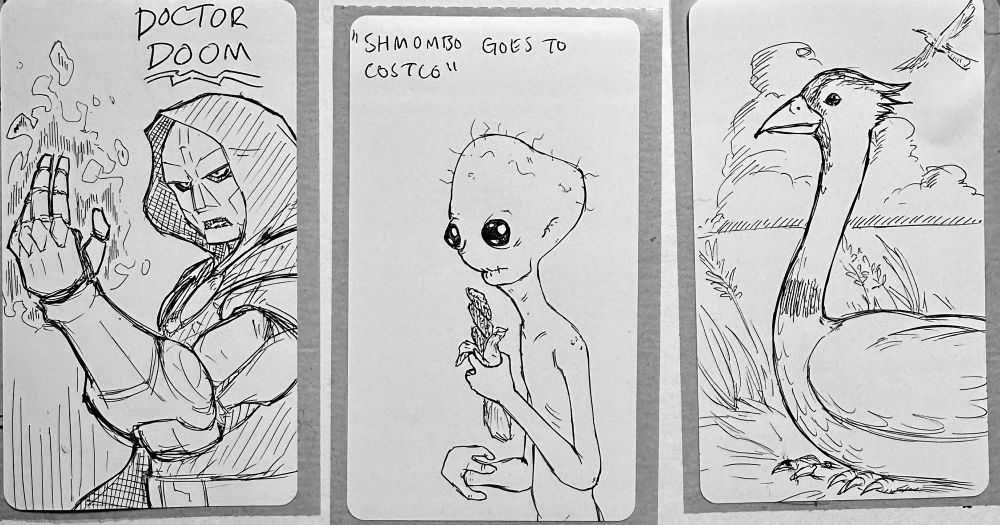 Three stickers with doodles on them. Left to right: Doctor Doom, a spindly creature eating a churro from costco, and a bird of some sort