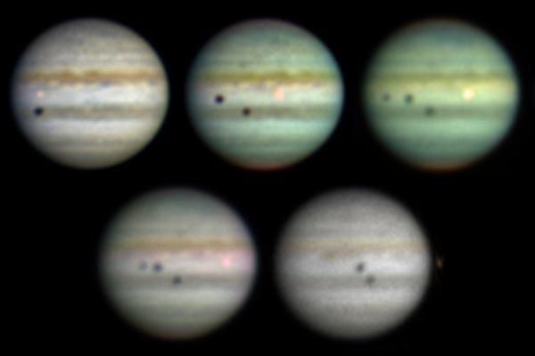 A series of six images showing Jupiter with the shadows of three of its moons—Io, Callisto, and Ganymede—transiting across its surface. The shadows appear as dark spots, creating the illusion of parts of Jupiter being missing. These images illustrate how the observation of lunar eclipses led to the first measurement of the speed of light by Ole Roemer in 1675.