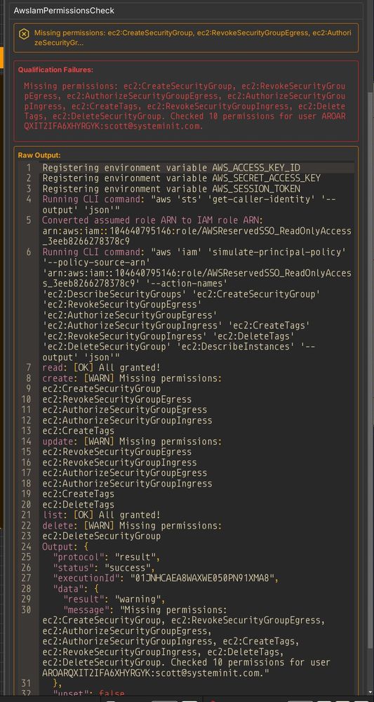A System Initiative Qualification showing IAM policy permissions in a real time qualification