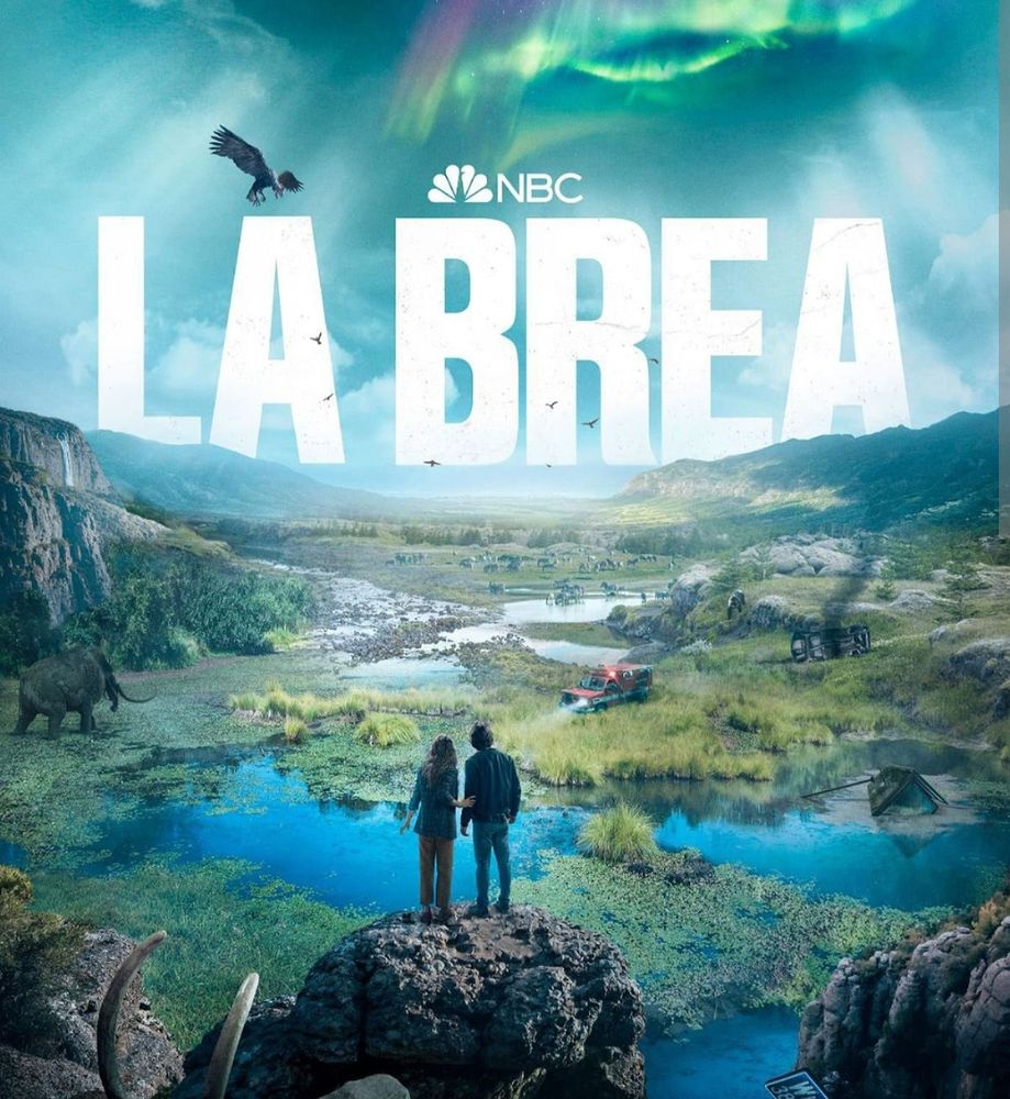 Poster for TV show La Brea, showing two people looking out over a valley of green and blue