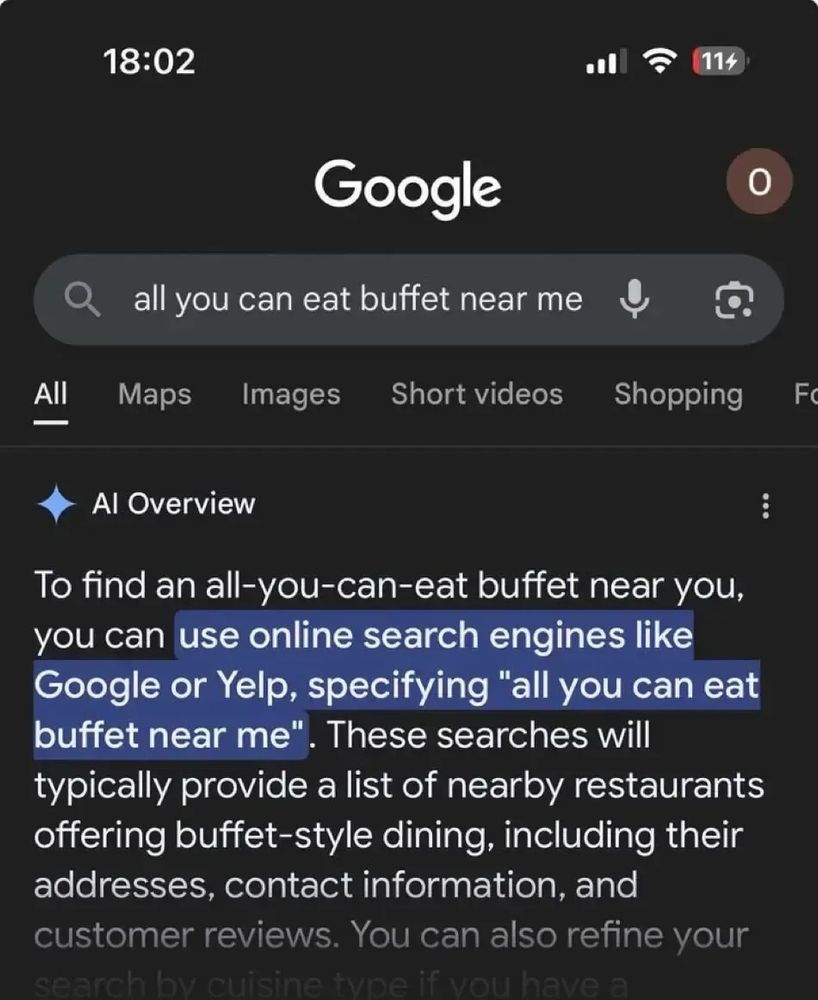 Google search's AI telling you that a Google search could give you a helpful answer to your query, and describing what a useful search result might look like. 