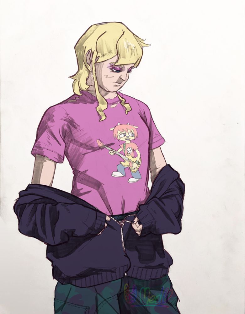 A drawing of a caucasian girl with blonde hair unzipping a dark coloured hoodie down to her waist. Underneath, she is wearing a frayed pink T-shirt with a cartoon graphic of Um Jammer Lammy.