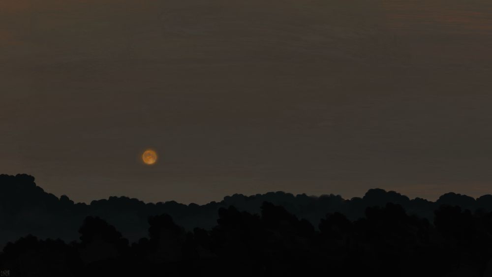 Digital painting of a cloudy night sky, a uniform grey-yellow colour, with the faded, orange full moon floating above a dark line of trees.