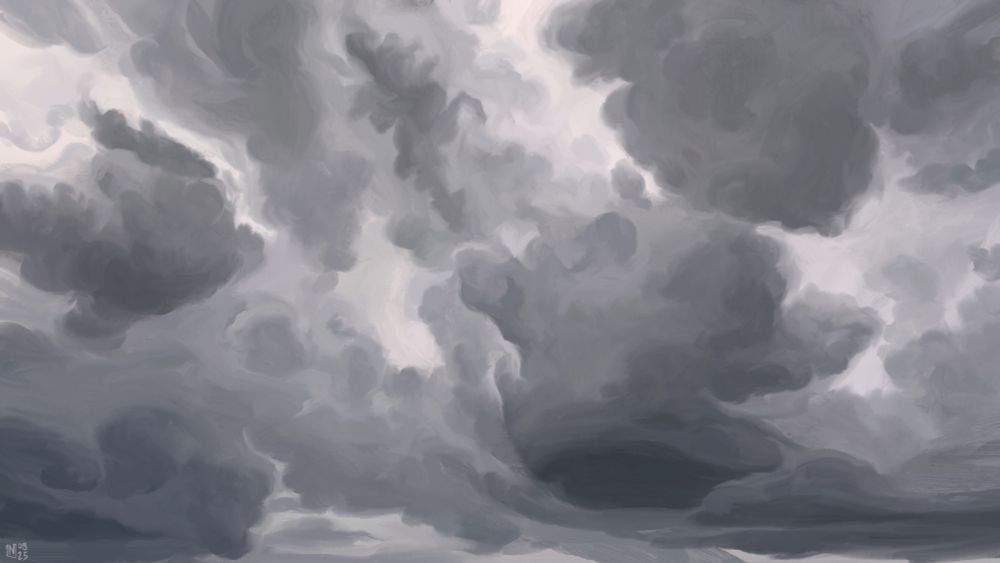 Digital painting of big, fuzzy, dark grey, clouds spread out across a light grey sky.