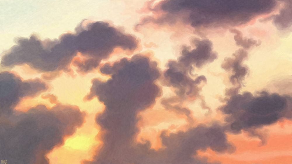 Digital painting of a peach-coloured sky, with a bit of more saturated yellow and red in the lower half of the frame. There are straggly, grey clouds scattered every which way across the sky, falling apart from all sides.