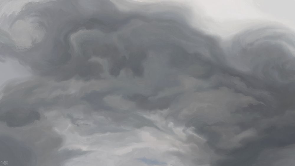 Digital painting of a jumble of dark grey clouds, curling in and out around one another. The clouds have jagged edges on their extremities.