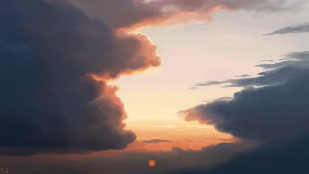 Digital painting of a sunset sky, a small red sun nested among the tall dark grey clouds that frame the pale yellow sky. The clouds are orange on the edges that the sunshine touches.