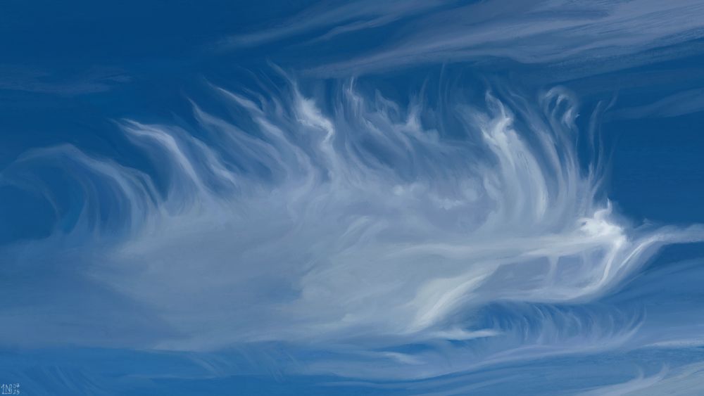Digital painting of a blue sky: a large, white, fibrous cloud floats, long strands spread out across the top of it. It is surrounded by fainter, similar clouds. Bright sunshine glints off parts of the clouds.