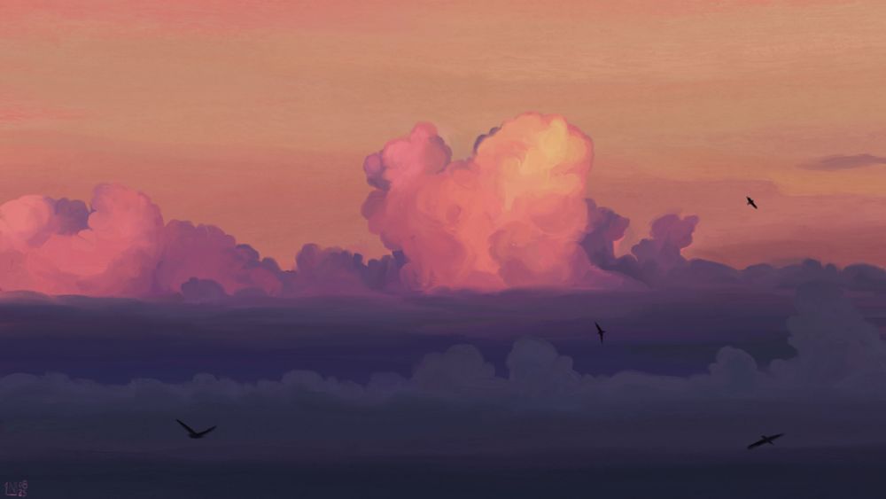 Digital painting of a sunrise sky, tall clouds half-bathed in pink-orange light, and coloured a deep purple where they fall in the shadows. Where it’s clear, the sky is orange. There are a few birds scattered over the frame.