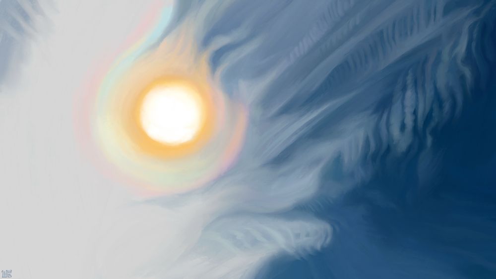 Digital painting of the sun, partly covered by translucent white clouds with fraying edges in a bright blue sky. The sun is surrounded by a rainbow-like circle, a corona.