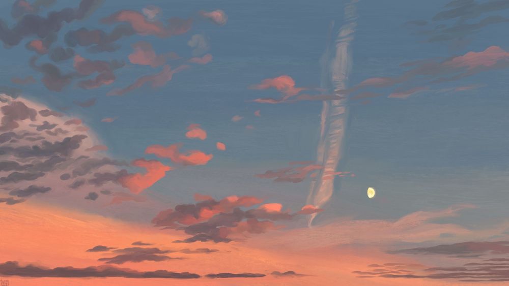 Digital painting of a sunset sky, blue with a swathe of orange running along the bottom of the frame. There are small, grey and pink clouds peppered in groups all over the sky. A dissipating contrail splits the frame, and a small, yellow half-moon glowing tucked between some of these clouds.