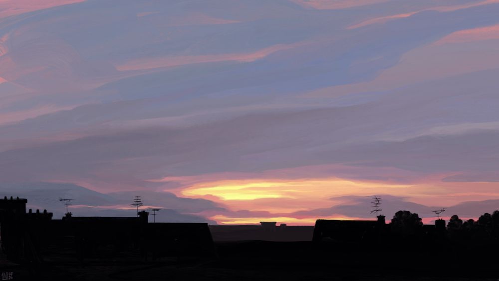 Digital painting of a sunset sky over some dark roofs, antennas and chimneys; the sky is cloudy, pale blues and lilacs on long clouds, with just a breach of bright yellow sunshine above the horizon.