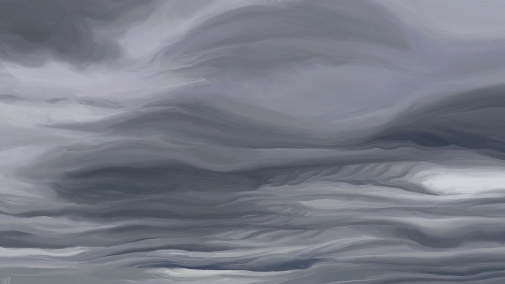 Digital painting of a cloudy sky, smooth waves of dark greys tightly woven together.