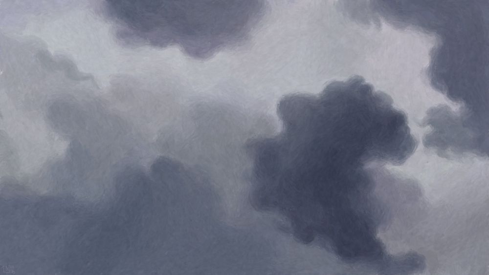 Digital painting of a cloudy, rainy sky, lighter in the background with dark grey clouds in the foreground.