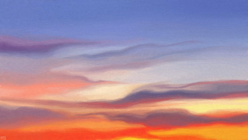 Digital painting of a sunrise sky, cornflower blue, filled with wispy clouds of bright, fluorescent orange and yellow, and peach and muted purple higher in the frame.