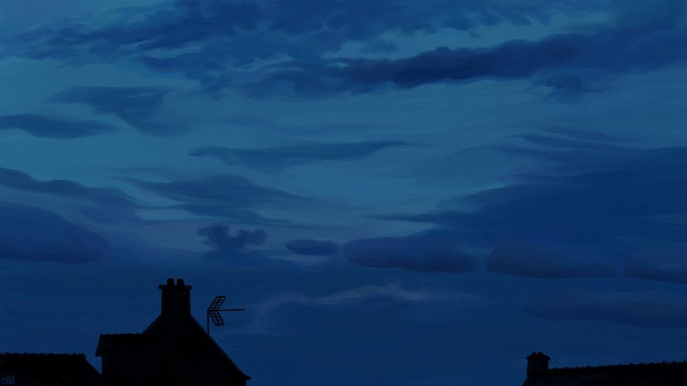Digital painting of an early dawn sky, medium blue, filled with clouds of a darker blue. The clouds are, for the most part, thin and wispy, pooling in a thicker configuration in the lower tier of the frame. There are silhouettes of dark houses.