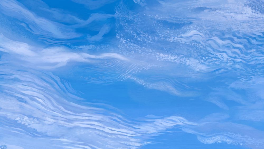 Digital painting of a blue sky filled with a variety of small clouds, all arranged in clusters, some of them wave-like, others similar to freckles. The whole thing is a little chaotic.