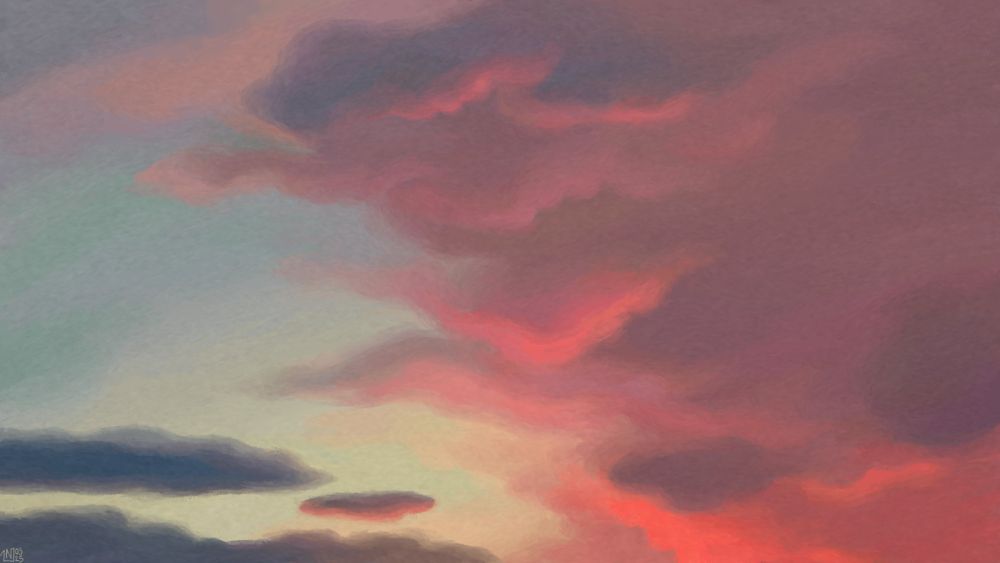 Digital painting of a sunrise sky in pastel colour, a pale green to blue gradient in the background, with fuzzy clouds of faded pink-grey, highlighted bright orange from below. A couple of long, flat, grey-blue clouds float to the left of the frame.