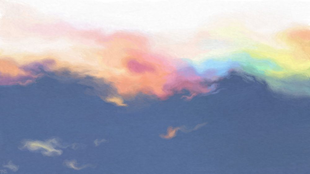 Digital painting of a blue sky, the frame half-occupied by a white cloud with a jagged lower edge. A rainbow runs along this edge, pastel orange, pink, purple, blue, green, and yellow. There are tiny wisps of clouds sprinkled across the clear sky below.