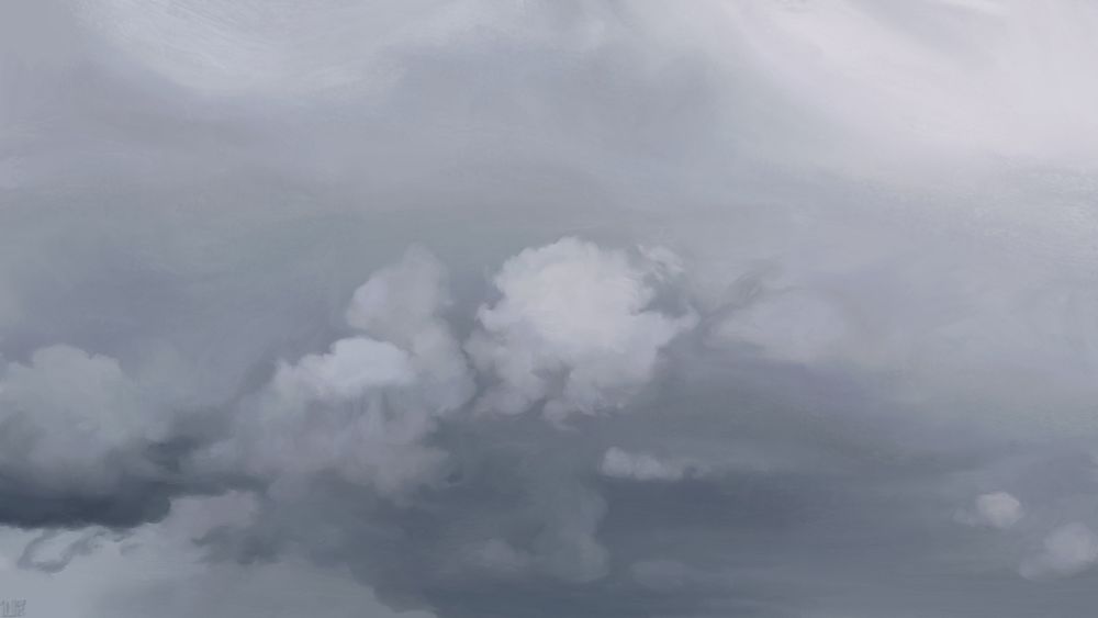 Digital painting of a cloudy sky, shades of rainy grey on puffy clouds stacked in thick layers.