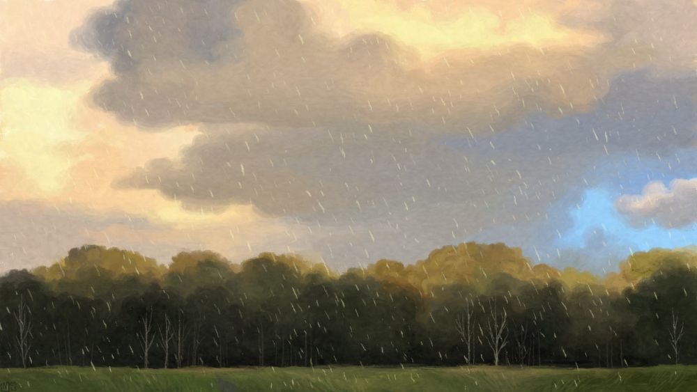 Digital painting of a rainy scene, a field of grass and a line of trees, the top of them bathed in golden light. The sky is cloudy but bright, the same yellow light creating contrast, a very small bit of blue visible in a corner.