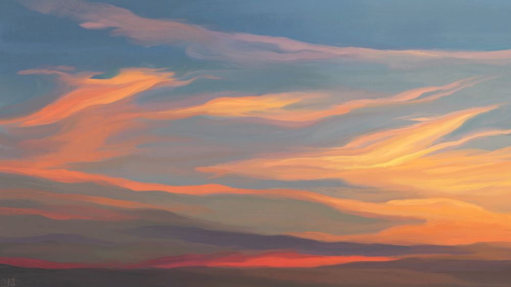 Digital painting of a sunrise sky, blue, slightly tinged with green, full of wild touches of orange and yellow, and a few dark blue clouds as well.