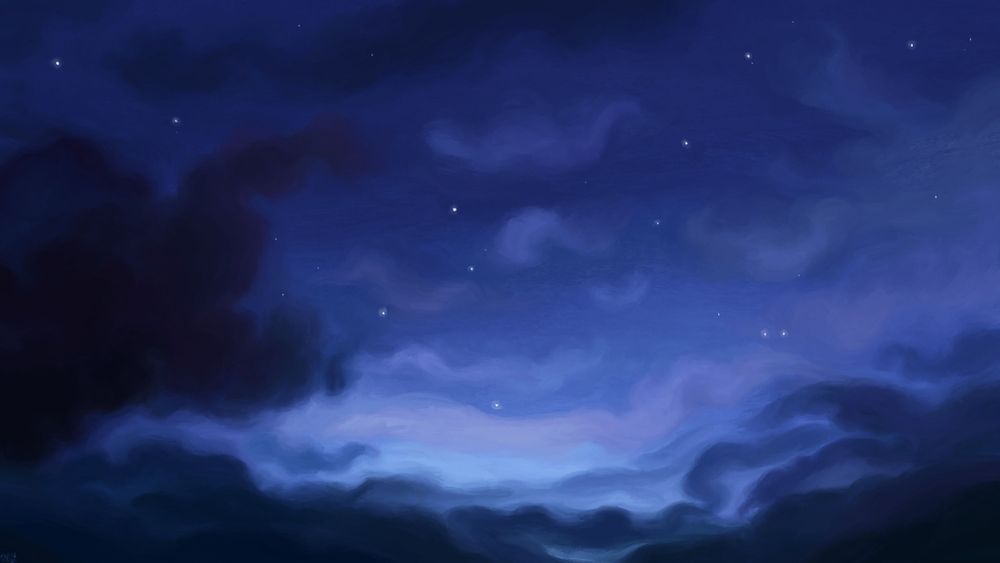 Digital painting of a dusk sky, a gradient of dark to light blue, with a few stars glowing. There are soft clouds everywhere, some of them lighter, some of them darker, covering large areas of the sky.