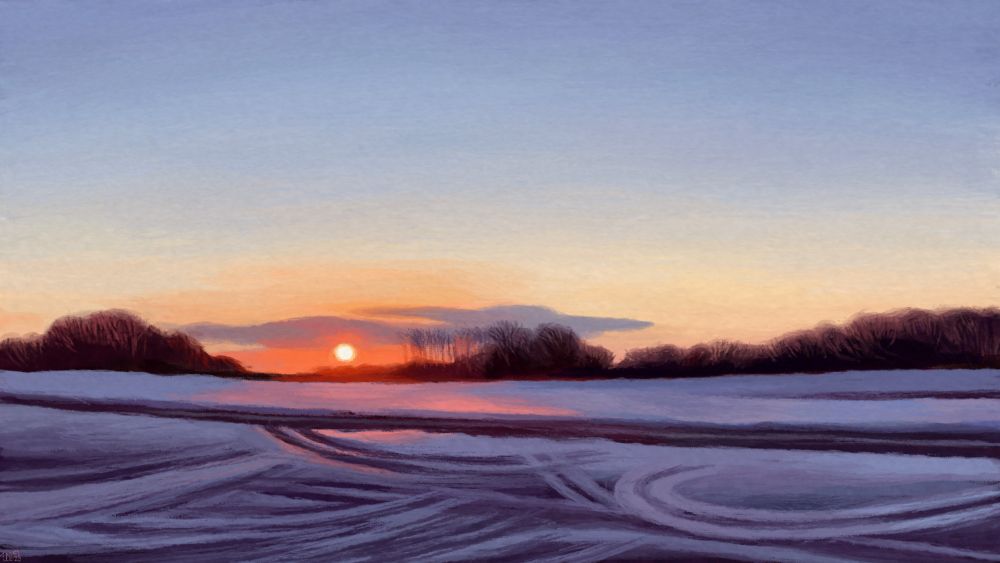 Digital painting of a sunrise over the countryside, snowy fields split by a narrow road. The sun is small, a pink-orange glow cast around itself and over the snow. There is a line of bare trees on the horizon. There are winding track marks in the snow.