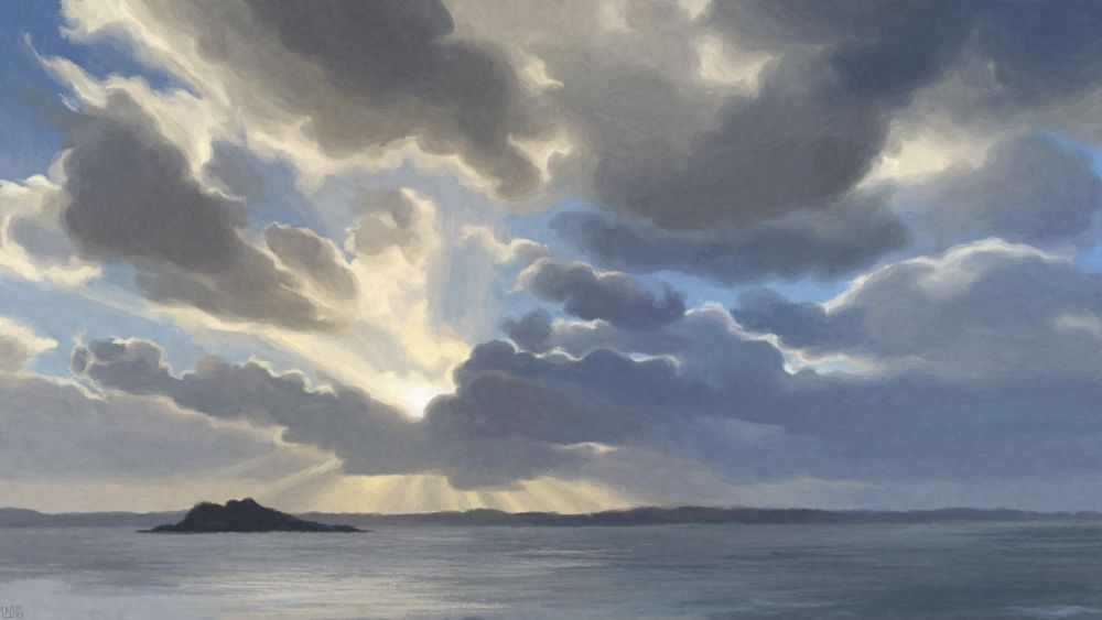 Digital painting of a seascape: the sky is big, full of clouds that hide the low sun. Even then, there are distinct sun rays scattered all over the sky, creating strong highlights and shadows. The sea is a steel grey, the coastal line is running over the horizon, and there is a small island peaking out of the water.