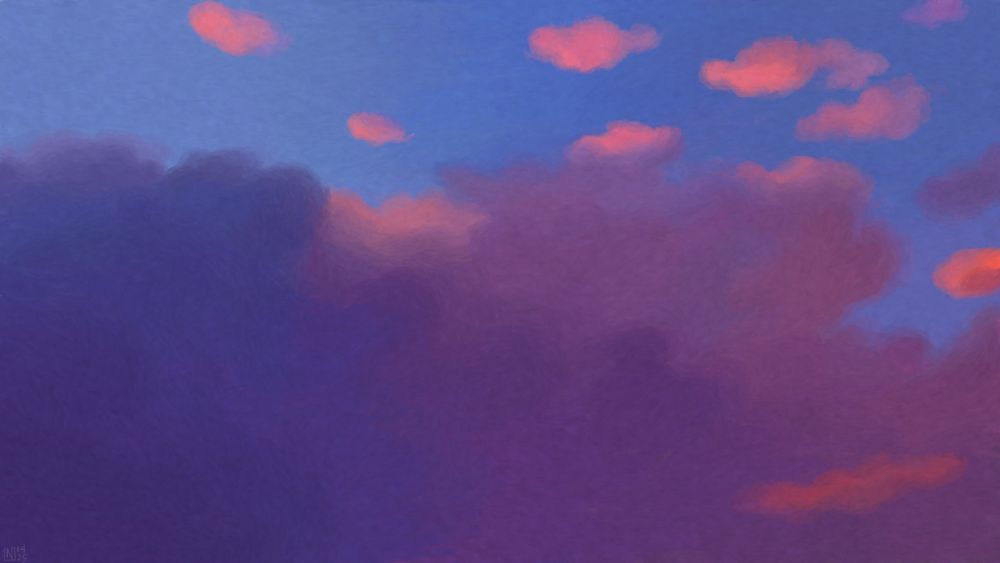 Digital painting of a sunrise sky, a large indigo and purple cloud occupying most of the frame. In the blue sky, some small, bright pink clouds are sprinkled.