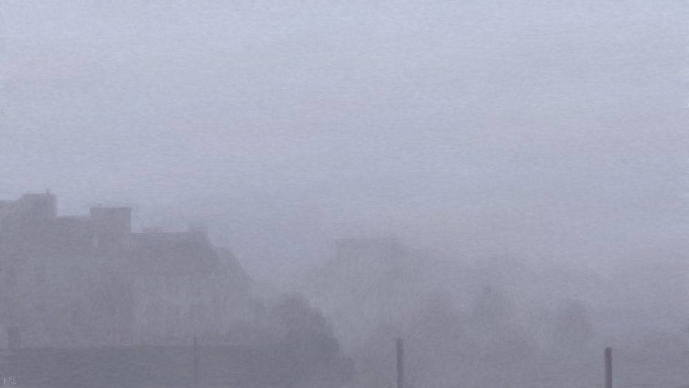 Digital painting of a foggy scene, houses and trees lost in the distant blur, and some utility poles, closer to the foreground. The fog is particularly thick.