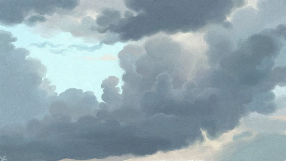 Digital painting of an overcast sky, with a patch of the palest blue framed with grey clouds; tall, wide, bubbling clouds through which the light filters.