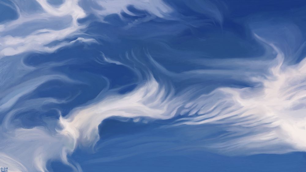 Digital painting of some wispy white clouds in a bright blue sky, curling this and that way, describing odd shapes as they meet one another.