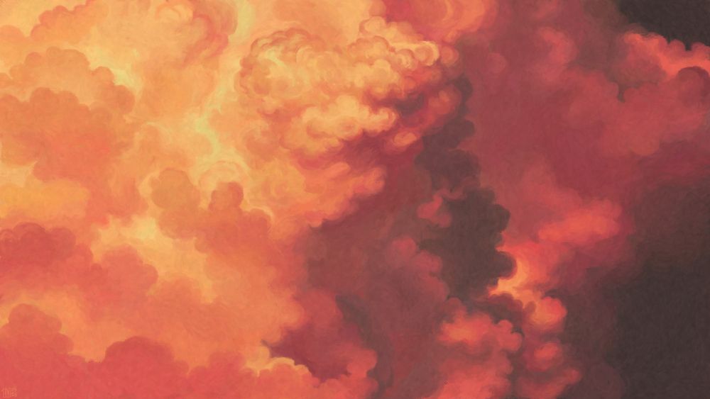 Digital painting of some voluminous, cauliflower-like clouds caught in dramatic, red and orange lighting.