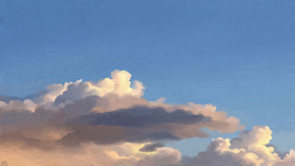 Digital painting of some long, but voluminous, white and grey clouds in the yellow sunshine, with the blue sky all around.