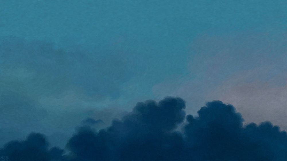 Digital painting of a dusk sky, a pale cerulean sort of colour with a line of dark blue clouds at the bottom of the frame. There are very faint clouds peppered above, some of which carry a slight peach tint.