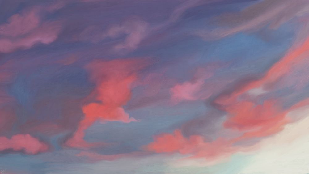 Digital painting of a sunset sky, blue dulled out by twilight, filled with wispy pink clouds swept by the wind.