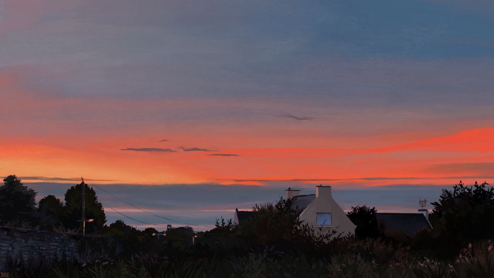 Digital painting of a sunset scene: a few houses surrounded by vegetation, a stone wall and a few street lamps.  The sky is blue with bright orange light gathered in its lower tier. Some long, blue-grey clouds line the horizon.