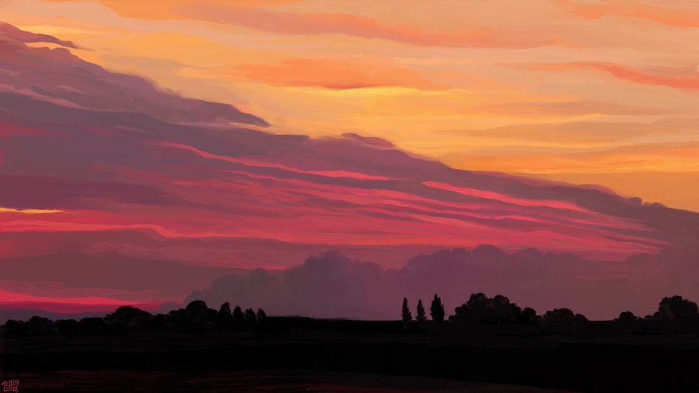 Digital painting of a sunrise sky, a diagonal swathe of purple and bright pink clouds over the orange sky, and the dark trees standing on the horizon.