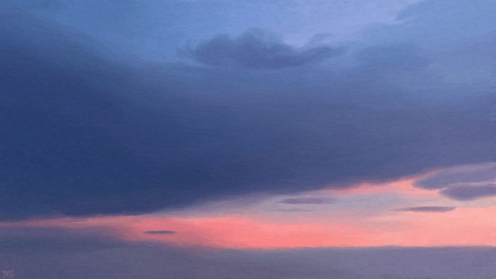 Digital painting of a sunset sky: dark blue grey swathes of clouds framing a stripe of pastel pink, with a few smaller clouds scattered across the frame.