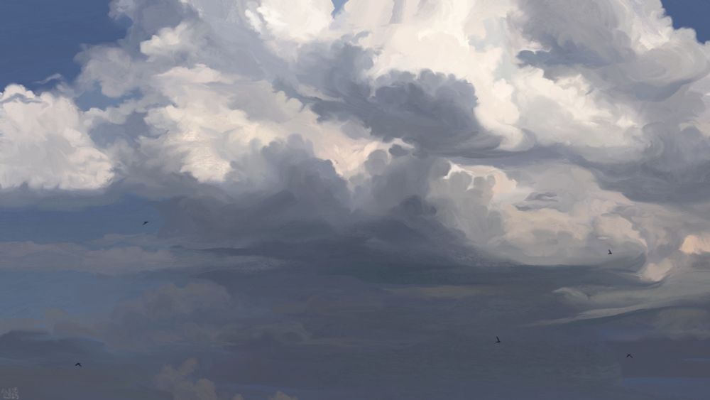 Digital painting of a cloudy sky, voluminous clouds in a slightly yellowish light, a faded blue in the corners of the frame. Where the light doesn’t shine, there are deep grey shadows, fraying into the background. There are a few birds flying across the sky.