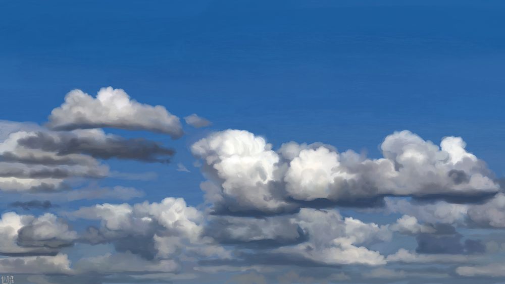 Digital painting of a bright blue sky, half full with stacks of long, voluminous white and grey clouds, fair weather clouds.