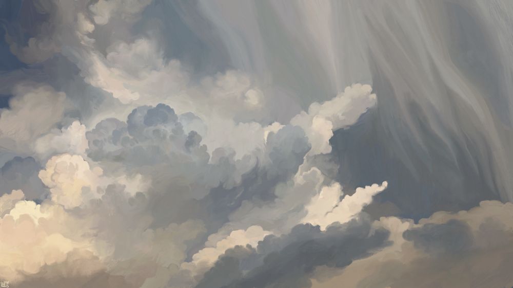 Digital painting of a sky full of developing, voluminous clouds, a slight yellow tinge to it. There is a veil behind those large clouds, fibres of steam catching the light.
